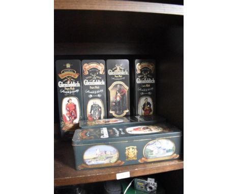 Five vintage Glenfiddich Scotch whisky tins.Condition report - There are no information sheets in three tins: Clans Drummon, 