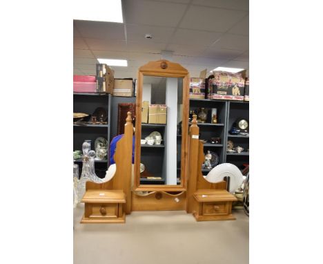 A pine triple dressing table mirror having two drawers to base.