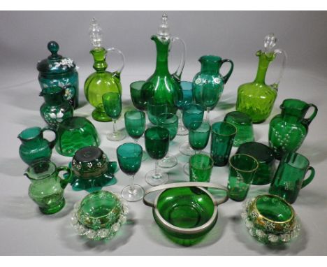 GREEN DRINKING GLASSWARE, decanters and enamel decorated jugs and bowls, a collection, approximately 30 pieces