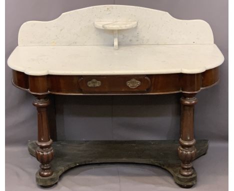 VICTORIAN MAHOGANY DUCHESS TYPE MARBLE TOP WASHSTAND, the shaped top with central shelf splashback over a single frieze drawe