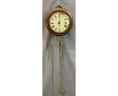 VINTAGE CIRCULAR DIAL &amp; WALNUT FRONT BELL STRIKE WALL CLOCK, pendulum driven with twin brass weights, 30cms diameter