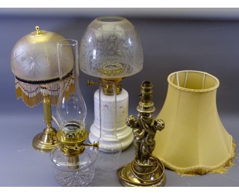 LIGHTING - four vintage lamps including glass based oil lamp including a good etched glass shade