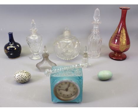 SCENT BOTTLES &amp; OTHER GLASSWARE, Art Deco frosted glass clock and a Cobalt ground bud vase with gilt and insect decoratio