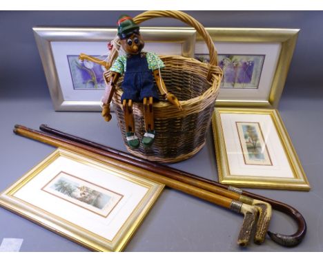 SILVER BANDED WALKING STICKS &amp; ANOTHER (3 in total), wicker shopping basket and Pinocchio string puppet and two pairs of 