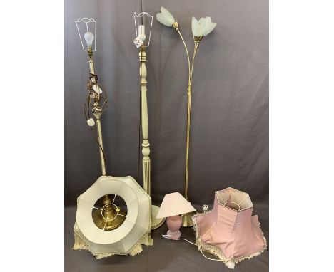 VINTAGE &amp; LATER STANDARD LAMPS (3) with various shades and a single pink pottery table lamp E/T