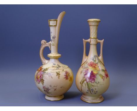 ROYAL WORCESTER BLUSH FLORAL CHINA - a twin-handled vase with narrow neck, No 942, 17cms H and a narrow necked jug vase, No 7