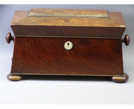 ROSEWOOD SARCOPHAGUS TEA CADDY with interior hinged compartments, 20cms tall, 37cms L, 20cms D
