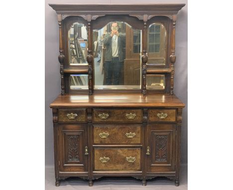 EDWARDIAN WALNUT &amp; MAHOGANY MIRROR BACK SIDEBOARD, the multi-mirrored back with bevelled edging to the plates, urn shape 