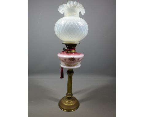 VINTAGE BRASS BASED OIL LAMP with tonal pink decorative glass font and reproduction Vaseline type glass frilly shade (no funn