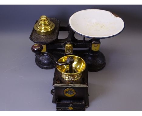 BRASS IRON COFFEE GRINDER and a vintage set of scales with weights