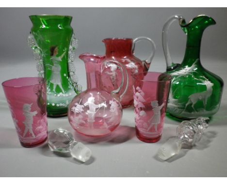 VICTORIAN &amp; LATER GLASS COLLECTION decorated Mary Gregory style to include a jug, small decanter and two beakers in Cranb