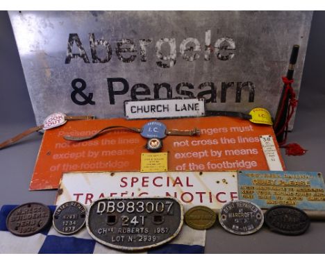 VINTAGE &amp; REPRODUCTION RAILWAY SIGNS, plaques and badges, warning horn, signalling flag and arm badges titled 'B R Lookou