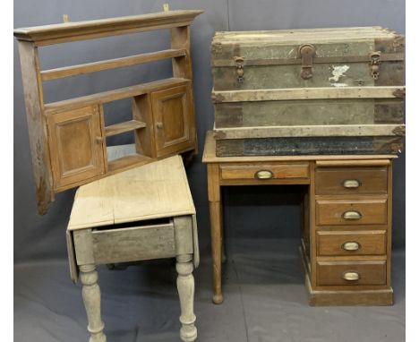 VINTAGE FURNITURE GROUP, 4 items to include a neat oak desk on twin-end supports and single drawer alongside a bank of four d