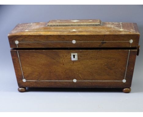 SARCOPHAGUS TEA CADDY with mother of pearl detail, 17cms H, 22cms W, 16cms D