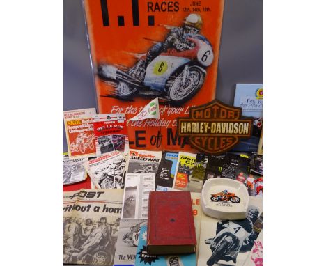 ISLE OF MAN TT MOTORCYCLE RACING MEMORABILIA, Bell Vue Speedway books and ephemera and a reproduction Harley Davidson cast ir