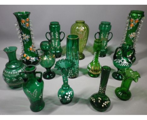 VICTORIAN &amp; LATER ENAMEL DECORATED GREEN GLASS VASES, a collection of 14 pieces