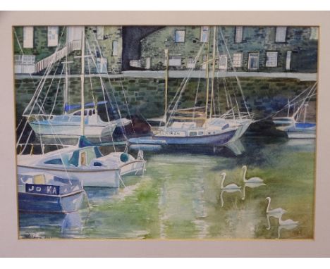R PAYNE watercolour - Porthmadog Harbour with boats and swans, signed and dated 2001, 24 x 34cms