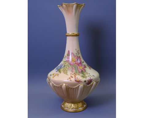 ROYAL WORCESTER BLUSH FLORAL CHINA - A tall narrow necked vase on a circular base with fluted neck, Reg No 175650, pattern No