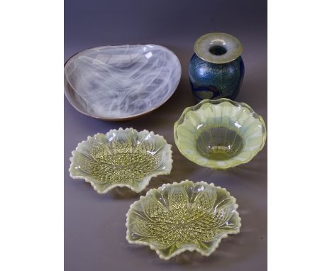 VASELINE GLASS DISHES, a pair, 16cms W, similar deeper bowl, Alum Bay vase, 12.5cms H and an Art glass dish