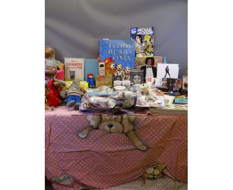E.T - a quantity of soft toys and models, Roland Rat soft toy, Rupert Bear, vintage jigsaws, Michael Jackson, a parcel of LPs