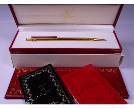 CARTIER MUST DE CARTIER TRINITY 3 ORS MECHANICAL PENCIL - Vintage 1990s Textured Gold Plated with red enamel clip and signatu