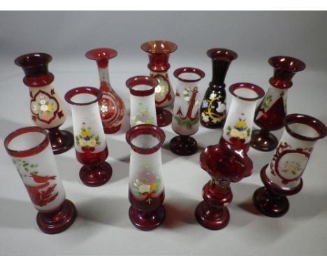 RUBY RED GLASS ETCHED &amp; PAINTED VASES, a collection of 13