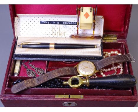 EARLY 20TH CENTURY BURGUNDY JEWELLERY BOX &amp; CONTENTS to include a Parker pen in original box, Ingersoll gold plated watch