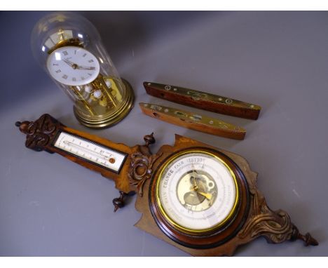 CARVED ANEROID WALL BAROMETER, two vintage spirit levels, one marked 'J. Rabone &amp; Sons Birmingham', and a glass domed man