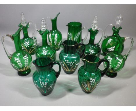 EDELWEISS ENAMEL &amp; GILT DECORATED VICTORIAN GREEN GLASS JUGS &amp; DECANTERS WITH STOPPERS, 11 items