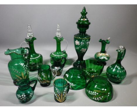 ENAMEL PAINTED VICTORIAN GREEN GLASSWARE, 13 pieces to include a pair of decanters with stoppers, floral decorated vase with 