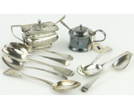 Various silver cruets and flatware.