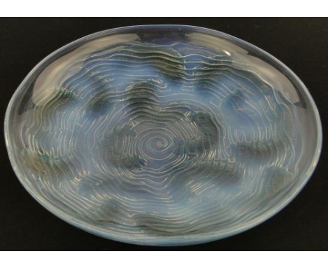 Rene Lalique opalescent glass Dauphins pattern bowl,
circa 1932, stencil mark R Lalique, France, 11" across.