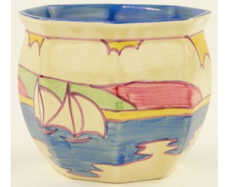 Clarice Cliff Gibraltar pot,
fern chester shape, hand painted sailing boat design, 4" across, height 3.5".