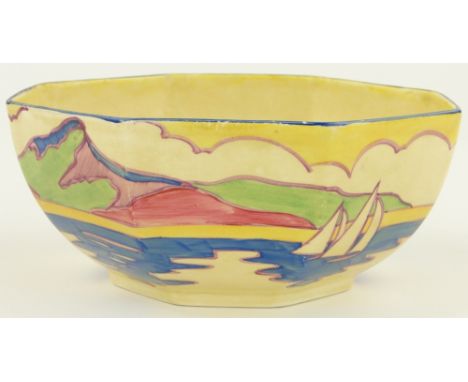 Clarice Cliff Gibraltar octagonal bowl,
hand painted sailing boat designs, Bizarre mark, 7" across.