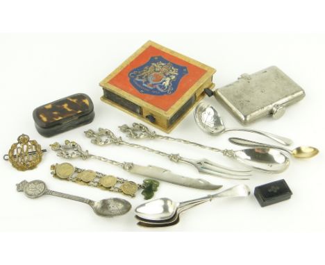 Box of various items,
including snuff boxes, silver spoons, etc.