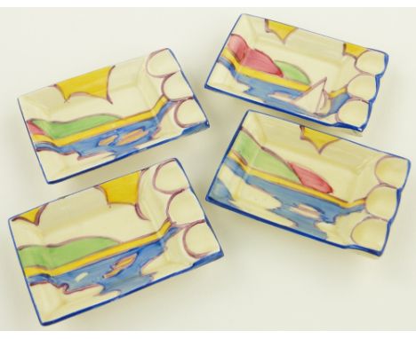 Clarice Cliff Gibraltar set of 4 rectangular ashtrays,
hand painted designs, Bizarre marks, length 3".