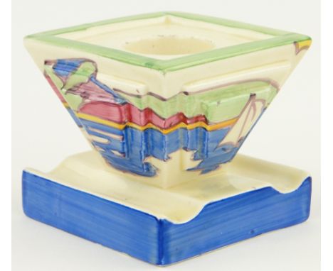 Clarice Cliff Gibraltar inkwell,
of angular square form, hand painted sailing boat designs, Bizarre marks, height 2.75", widt