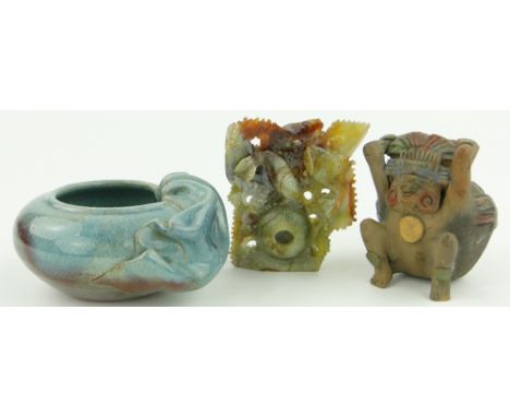 Carved jade fish,
Aztec pot and a Stoneware bowl, (3).