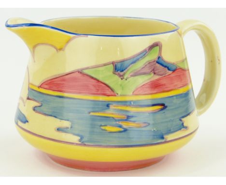 Clarice Cliff Gibraltar jug,
crown shape, with hand painted sailing boat design, Bizarre mark, height 3", 4" across.