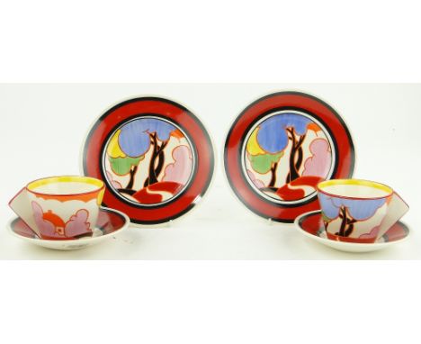 A pair of Wedgwood Clarice Cliff "Blue Autumn" conical teacup, saucers and side plates,
277 and 278/500, boxed.
