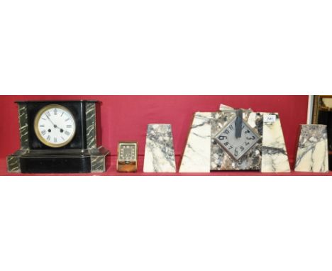 A French marble clock garniture,
a painted wood mantel clock and a Jaeger Le Coultre travelling alarm clock, (3).