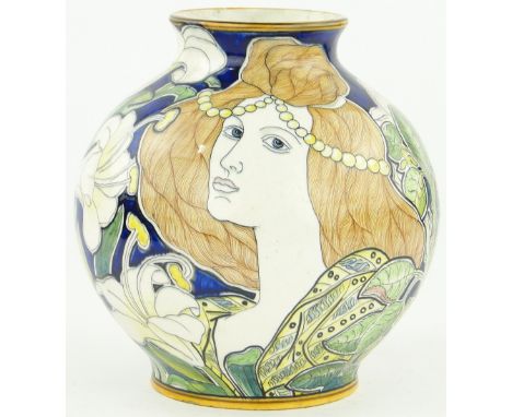 Art Nouveau vase,
with painted portrait and lily design, height 11.75", signed with monogram.