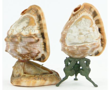 An Italian Cameo carved shell lamp,
"Capri", 7.75" and a similar lamp on metal stand, (2).
