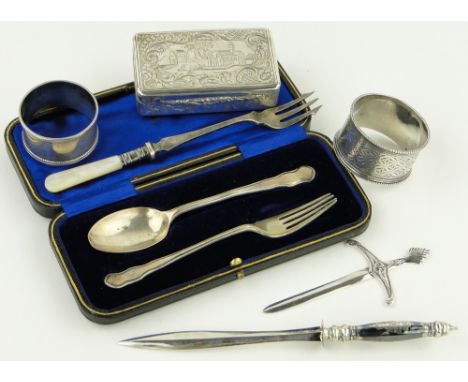 Group of English and Continental silver items,
including an engraved continental snuff box, length 8.5cm.