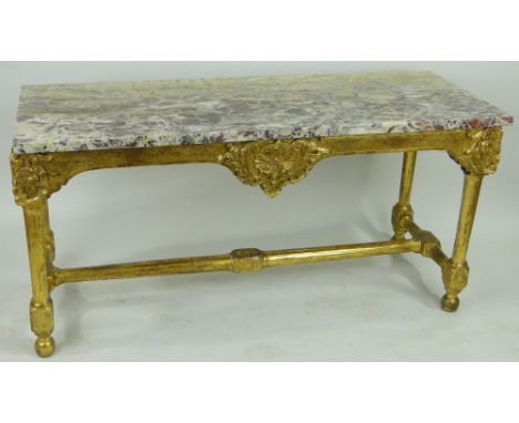 A 19th century continental console table,
with ornate carved giltwood base and coloured marble top, width 5'6", height 2'9", 