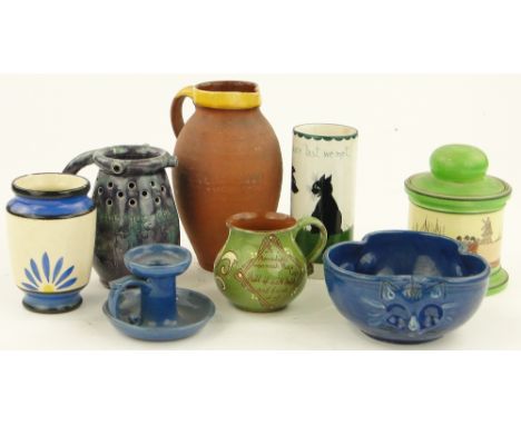Barnstaple puzzle jug,
with rhyme, height 5", Devon ware candlestick and jugs, a Royal Doulton jar, Quimper vase and a Bristo