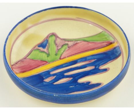 Clarice Cliff Gibraltar circular dish,
hand painted lake scene, Bizarre marks under, 3" across.