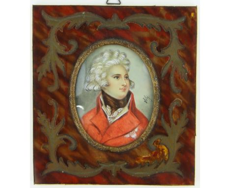 A miniature watercolour portrait of ivory of George IV,
indistinctly signed in brass inlaid boulle marquetry frame, overall 5