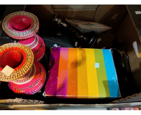 A selection of vintage tins; a Polaroid camera; 1930's glass light shade etc 