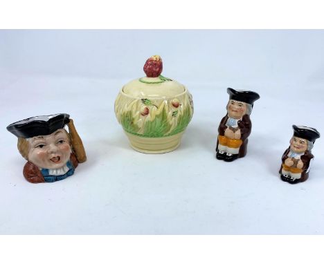 Clarice Cliff for Newport Pottery Company preserve pot with strawberry finial, leaf and fruit decoration model 37A height 10c